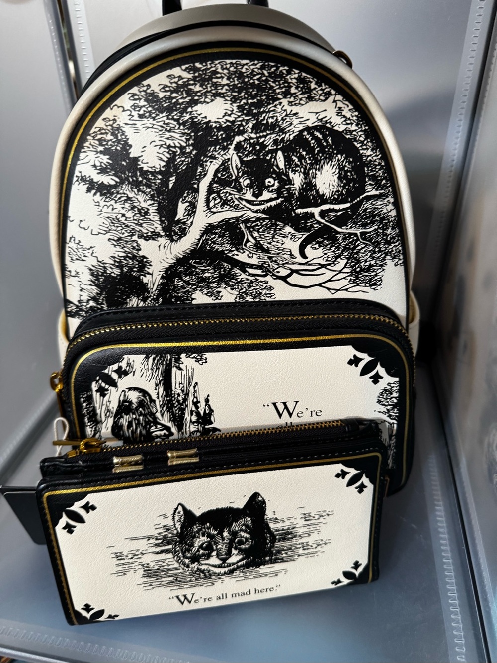 Loungefly Black and White Alice in Wonderland Cat Backpack and Wallet Set